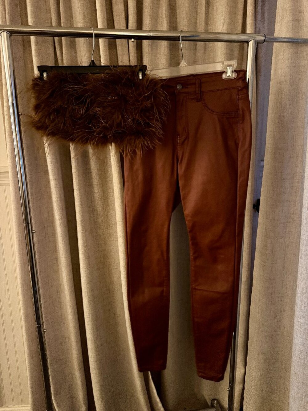 12th Tribe Brown Feather Top (Small) w/ Faux Leather Pants (size 5)